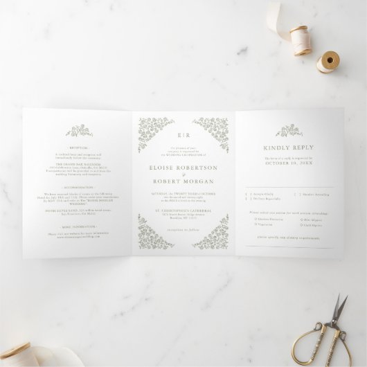 Einfache, zarte, florallose Grünen Hochzeit Dreifach Gefaltete Ankündigung (Innenseite)