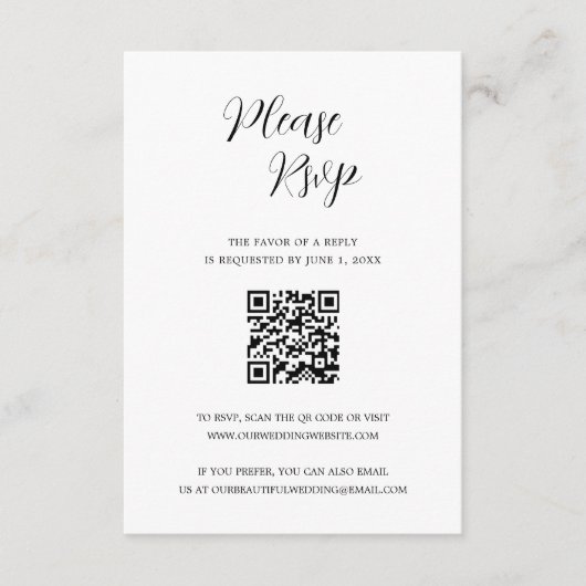 Einfache zeitgemäße Hochzeit des QR-Codes RSVP Karte (Vorderseite)