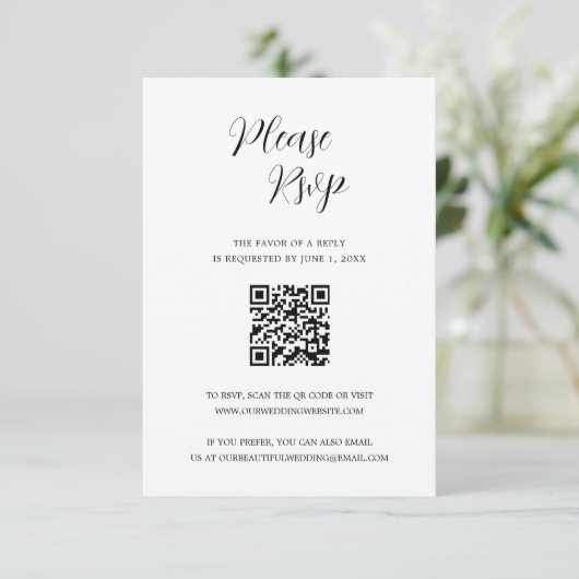 Einfache zeitgemäße Hochzeit des QR-Codes RSVP Karte (Stehend Vorderseite)
