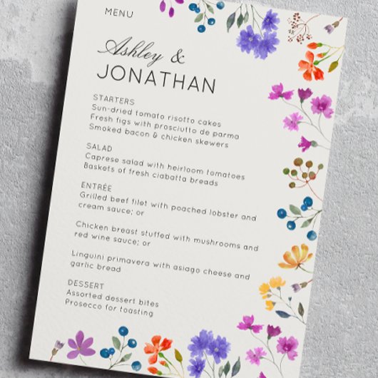 Einfache, zeitlose Alabaster-Hochzeit in der Wildb Menükarte