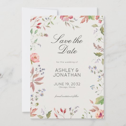 Einfache, zeitlose Alabaster-Hochzeit in der Wildb Save The Date (Vorderseite)