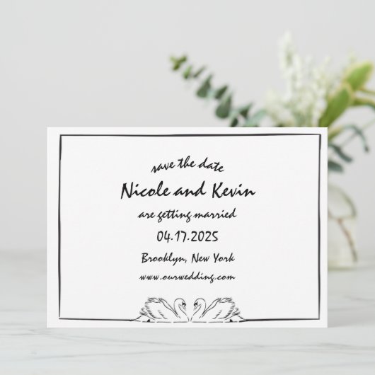 Einfache zeitlose, handgeschriebene Swan-Illustrat Save The Date (Stehend Vorderseite)