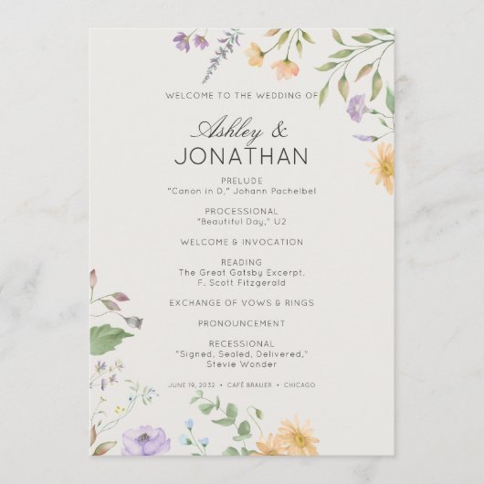 Einfache zeitlose Wildblume Alabaster White Weddin Programm (Vorderseite)