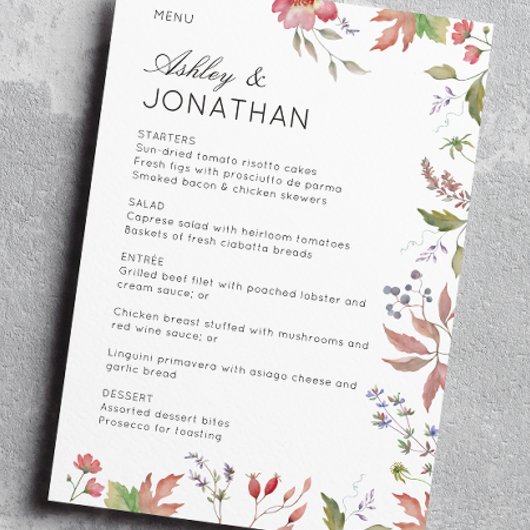 Einfache, zeitlose Wildblume Hochzeit Menükarte