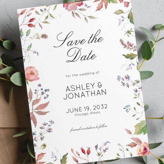 Einfache, zeitlose Wildblume Hochzeit Save The Date