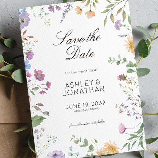 Einfache, zeitlose Wildblume Hochzeit Save The Date