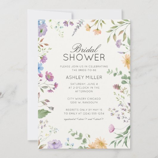 Einfache, zeitlose Wildblume Hochzeitsfeiern Braut Einladung (Vorderseite)