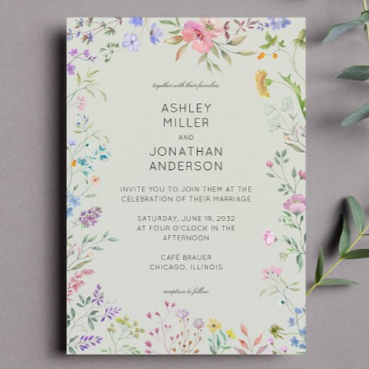 Einfache, zeitlose Wildblume Sage Green Wedding Einladung