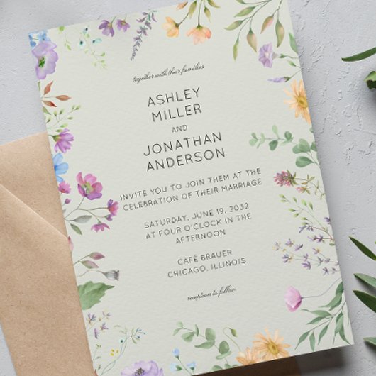 Einfache, zeitlose Wildblume Sage Green Wedding Einladung