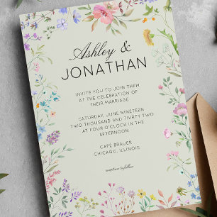 Einfache, zeitlose Wildblume Sage Green Wedding Einladung