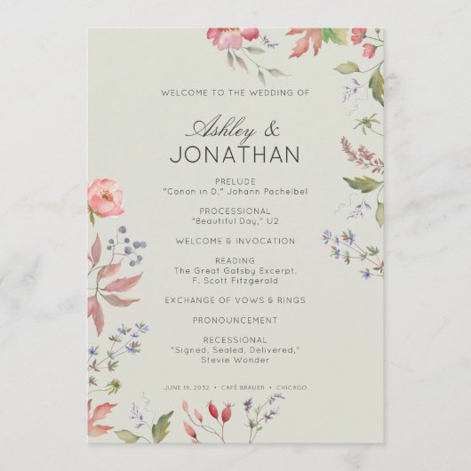 Einfache, zeitlose Wildblume Sage Green Wedding Programm (Vorderseite)