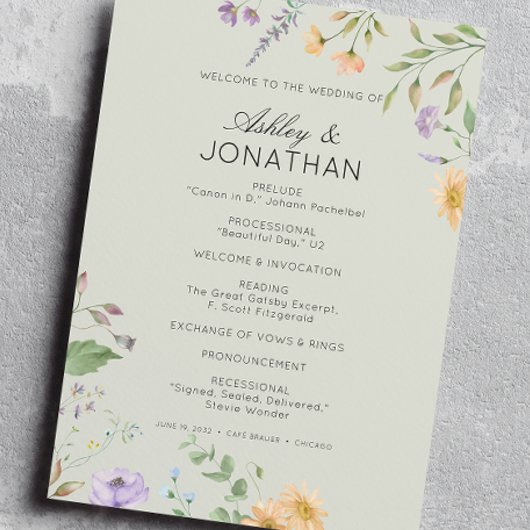 Einfache, zeitlose Wildblume Sage Green Wedding Programm