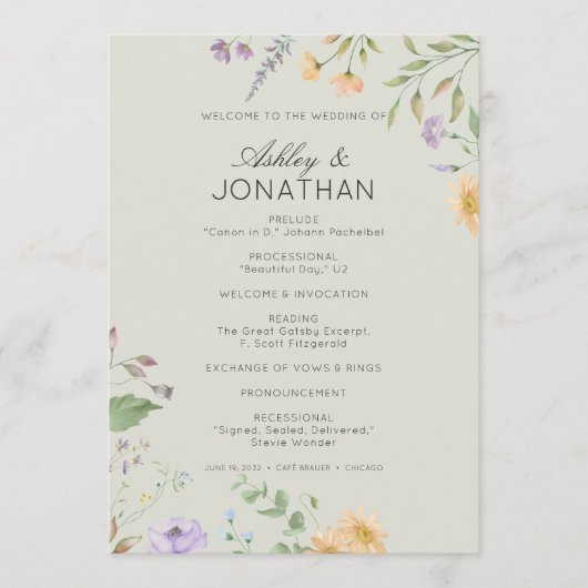 Einfache, zeitlose Wildblume Sage Green Wedding Programm (Vorderseite)