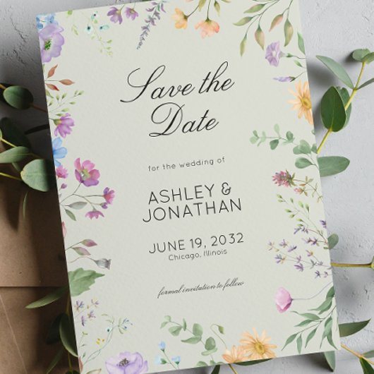 Einfache, zeitlose Wildblume Sage Green Wedding Save The Date