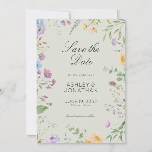 Einfache, zeitlose Wildblume Sage Green Wedding Save The Date (Vorderseite)