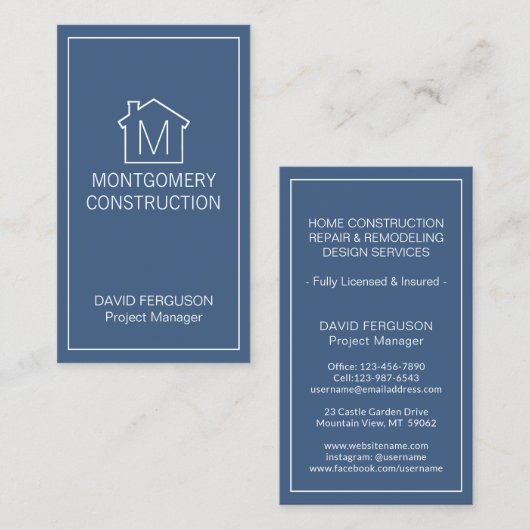 Einfache Zuhause-Logo-Monogramm Vertikal-Navy-Blau Visitenkarte (Vorne/Hinten)