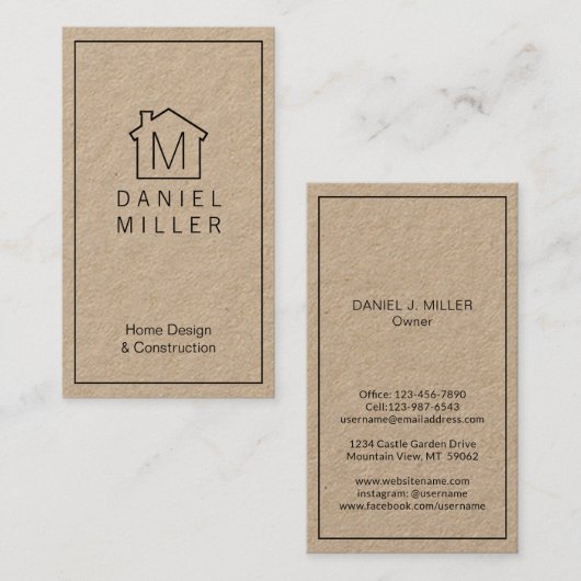 Einfache Zuhause-Logo-Monogramm Vertikale Kraft un Visitenkarte (Vorne/Hinten)