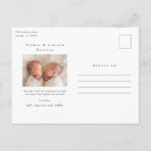 Einfache Zwei Niedliche Foto Twins Geburtsankündig Postkarte (Rückseite)