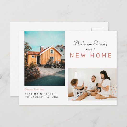 Einfache Zweifamilien-Foto Neue Zuhause Moving|Rot Ankündigungspostkarte (Vorne/Hinten)