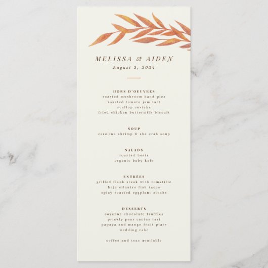 Einfache Zweigstelle für Herbsthochzeit Menükarte (Vorderseite)