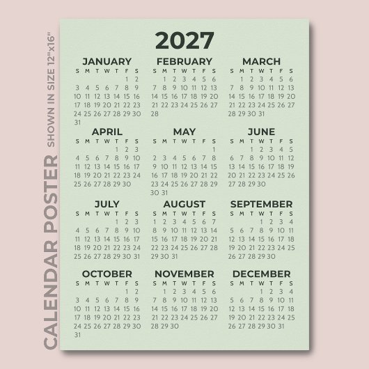 Einfacher Basis-Salbei-Grün-2027-Kalender Poster