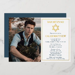 Einfacher blauer Foto-Davidstern Bar Mitzwa - Gold Folieneinladung
