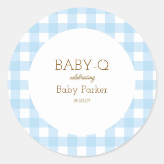 Einfacher blauer Gingham-Babyshower-Aufkleber Runder Aufkleber
