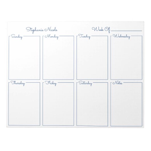 Einfacher Blue Thin Border Name Weekly Planner Notizblock (Vorderseite)