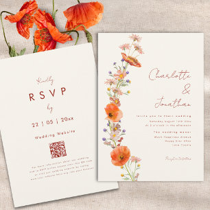Einfacher Boho-Wildblumen-Herbst-Hochzeits-QR-Code Einladung