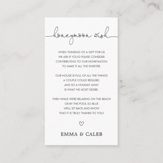 Einfacher Calligraphy Honeymoon Wish Fund Begleitkarte (Vorderseite)