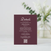 Einfacher Chic Burgundy Red QR Code Hochzeitdetail Begleitkarte (Stehend Vorderseite)