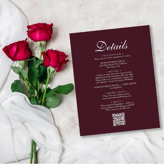 Einfacher Chic Burgundy Red QR Code Hochzeitdetail Begleitkarte