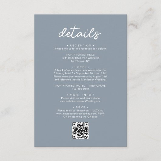 Einfacher Chic Script QR Code Hochzeitsdetails Begleitkarte (Vorderseite)