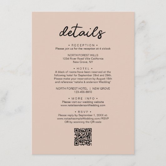 Einfacher Chic Script QR Code Hochzeitsdetails Begleitkarte (Vorderseite)