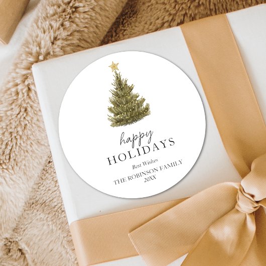 Einfacher Happy Holidays Grüner Weihnachtsbaum Runder Aufkleber