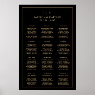 Einfacher Hochzeits-Sitzplan in Schwarz und Gold Poster