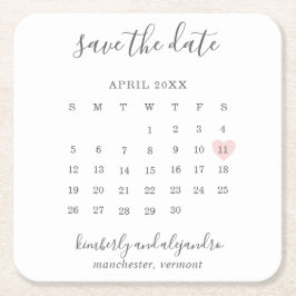 Einfacher Kalender Pastellrosa Herz Save-the-Date Rechteckiger Pappuntersetzer