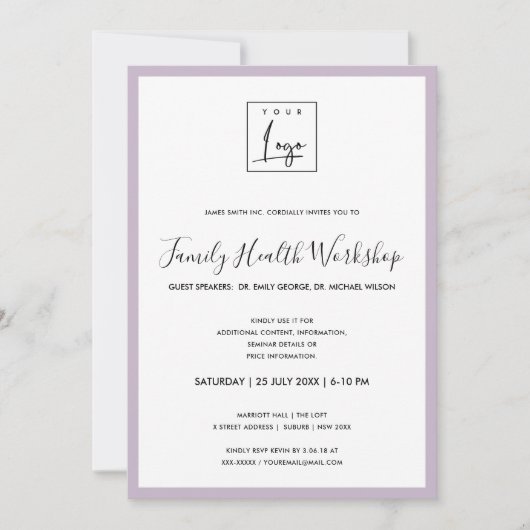 EINFACHER LILAC LAVENDER IHR LOGO-WORKSHOP-EREIGNI EINLADUNG (Vorderseite)