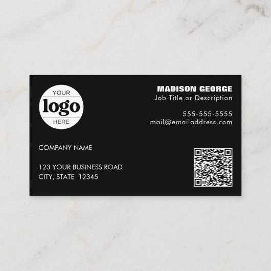 Einfacher Logo-Text und QR-Code Schwarz Visitenkarte (Rückseite)