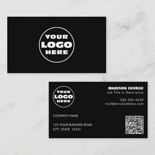 Einfacher Logo-Text und QR-Code Schwarz Visitenkarte (Vorne/Hinten)