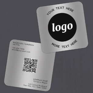 Einfacher Logo- und Text-QR-Code Silber Quadratische Visitenkarte