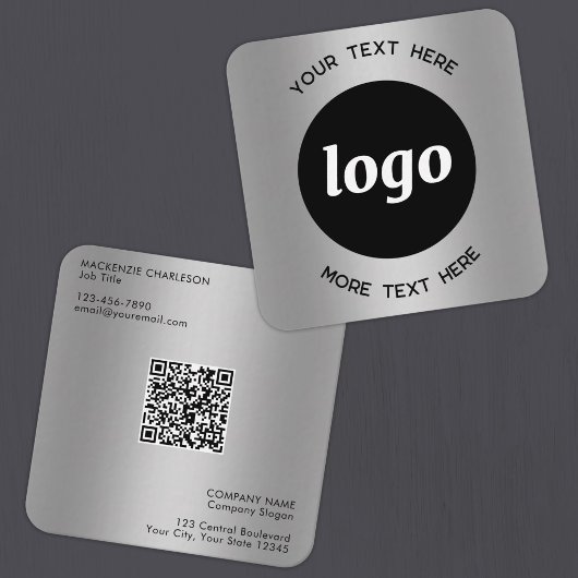 Einfacher Logo- und Text-QR-Code Silber Quadratische Visitenkarte