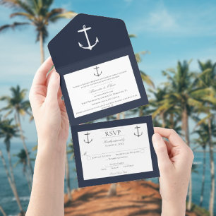 Einfacher maritimer Anker Hochzeit   Marineblau All In One Einladung