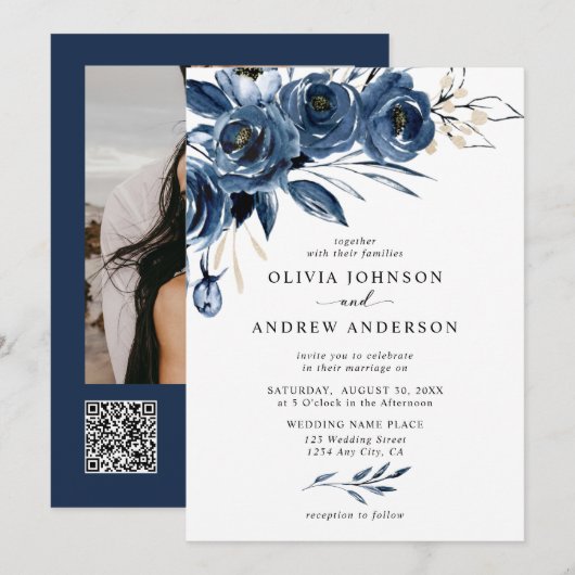 Einfacher Navyblauer Blumen QR-Code & Foto-Hochzei Einladung (Vorne/Hinten)