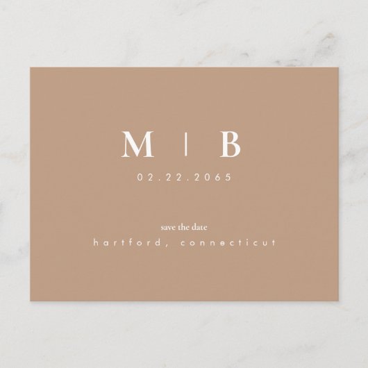 Einfacher neutraler Monogramm-Save the Date QR-Cod Postkarte (Vorderseite)