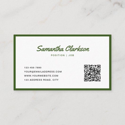 Einfacher Olive Green Border Script QR Code Visitenkarte (Rückseite)