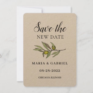 Einfacher Olivenzweig. Rustikale Kraft Hochzeitsän Save The Date