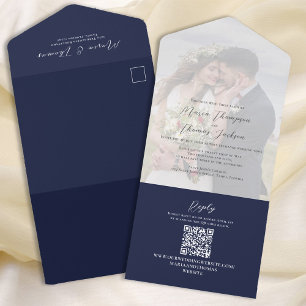 Einfacher QR-Code Foto Navy Blau RSVP Online All In One Einladung