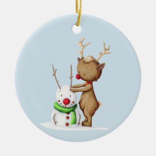 Einfacher Rentier-Schneemann Weihnachten Keramik Ornament