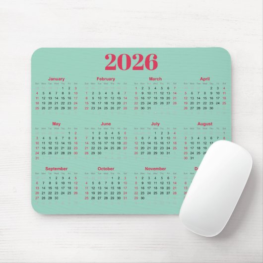 Einfacher roter und hell türkis 2026 Kalender  Mousepad (Mit Mouse)